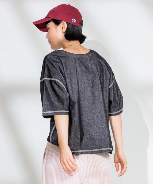 FREAK'S STORE(フリークスストア)の「<接触冷感>メランジ 2WAY VネックTシャツ/配色ステッチTシャツ【限定展開】(Tシャツ/カットソー・レディース・チャコールグレー/ブルーグリーン/サックスブルー・フリ-)」の19枚目の写真
