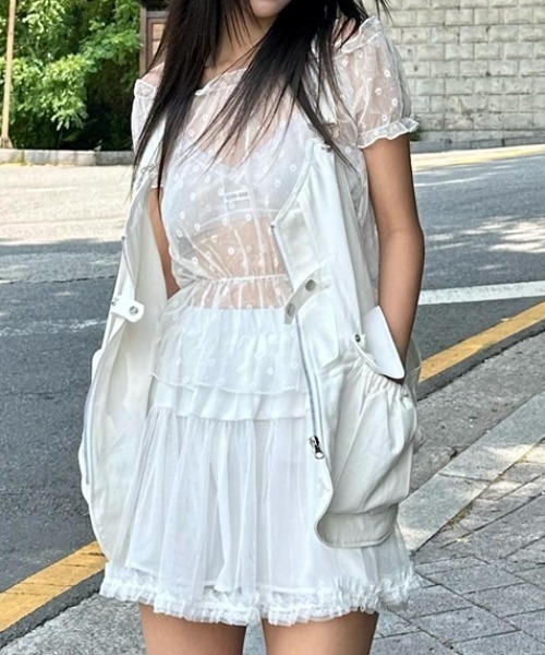 Per sist ence(パーシエンス)の「シアーレース半袖トップス/オフショル2WAY(Tシャツ/カットソー・レディース・ホワイト/ブラック・ONE SIZE)」の5枚目の写真