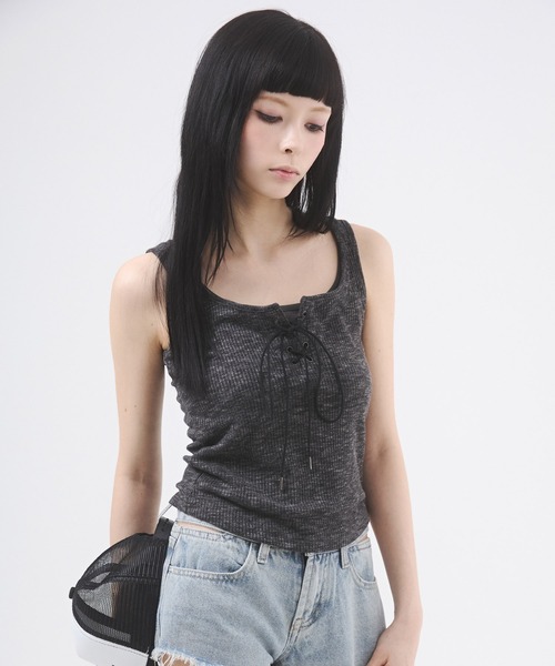 d.i.a.トップス セール】フロントレースアップレイヤードタンクトップ（Tシャツ