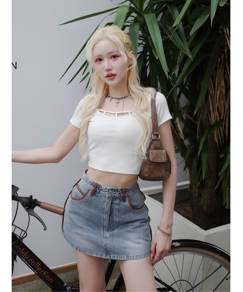 スウェードパイピングデニムミニスカート（デニムスカート）｜Darich