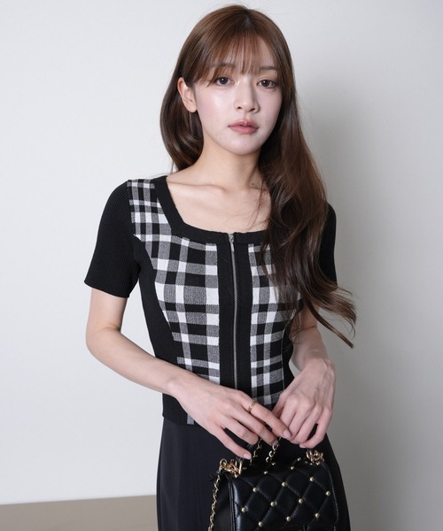 ニット セーター フロントZIPチェックジャガードニット レディース セール】フロントZIPチェックジャガードニット（ニット/セーター