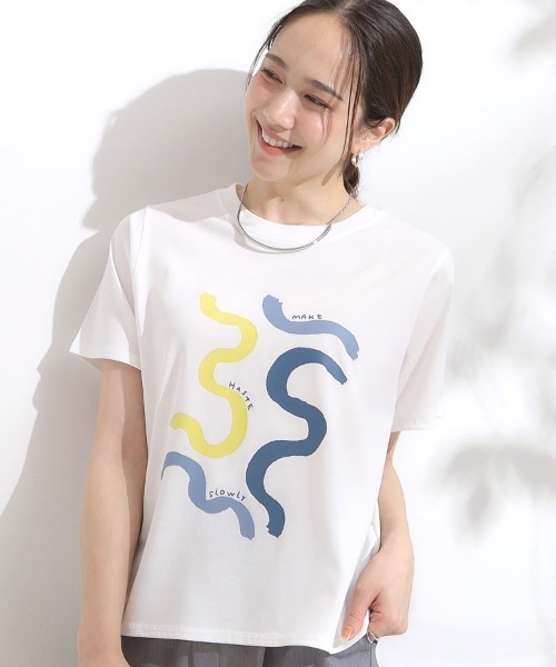 Cutie Blonde（キューティーブロンド）の「【S-LL/ひんやり/汗ジミ軽減/UVカット】グラフィックアソートTシャツ（Tシャツ/カットソー・レディース・ホワイト系3/イエロー系その他2/ピンク系1/ピンク系4/チャコール/グレー系その他2/ホワイト系5/ホワイト系1/グレー系その他/パープル系1/ホワイト系6・03/04/02/01）」の2枚目の写真