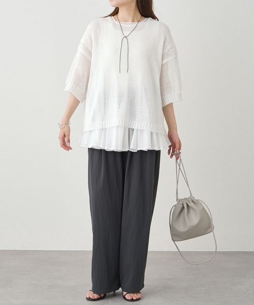 PUAL CE CIN（ピュアルセシン）の「テープヤーン ハーフスリーブ プルオーバー（ニット/セーター・レディース・ブラック/オフホワイト/ベージュ・FREE）」の7枚目の写真