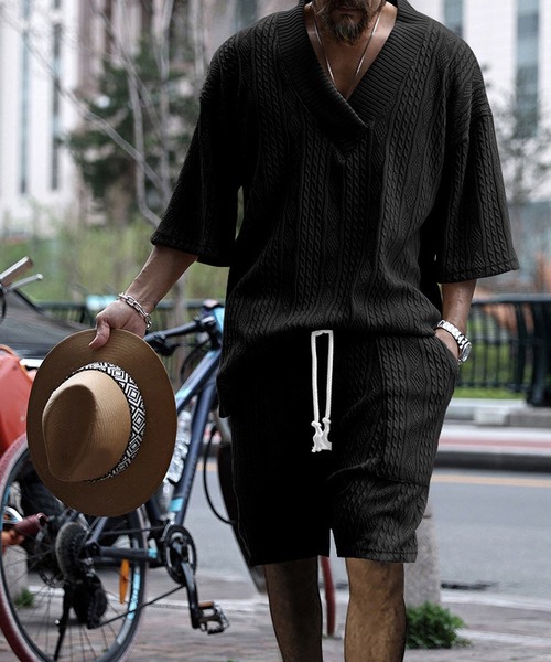ジャガード織り 5分袖カットソー×ハーフパンツ 夏セットアップ