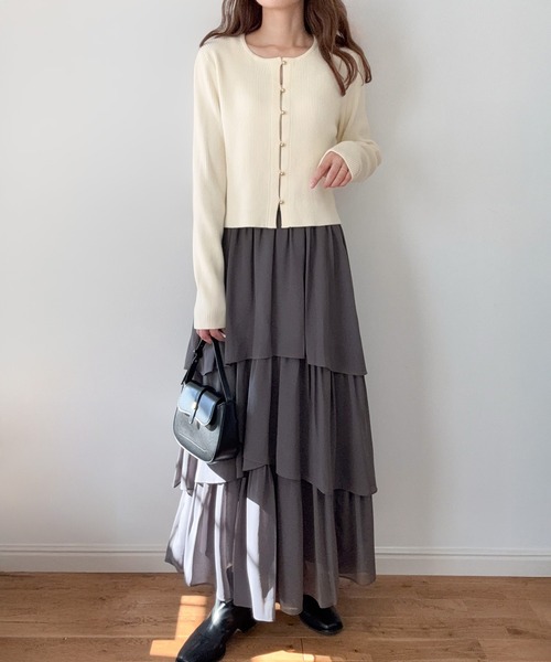ニットカーディガン＋ティアードスカートset[高身長サイズMT/低身長
