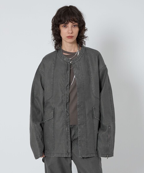 スローブイエナゆったりオーバーサイズジップアップバンドカラーブルゾン♪ LAOTOUR 撥水ストレッチナイロン スタンドカラーブルゾン ジップ