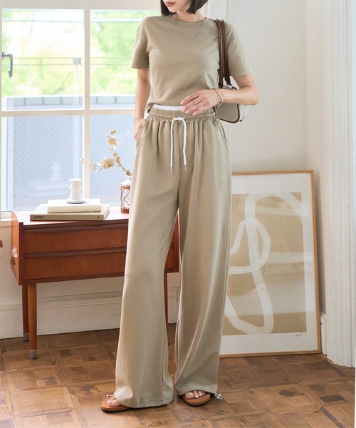 セール】クロップドTシャツ×ダブルウエストパンツセットアップ