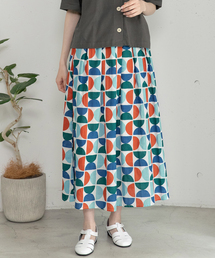 <made in INDIA>Art motif print タックギャザースカート