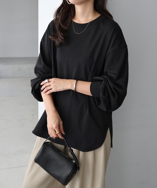 andme(アンドミー)の「クルーネックロング長袖Tシャツ(Tシャツ/カットソー・レディース・オフホワイト/オートミール/ブラック・S/MT/M)」の3枚目の写真
