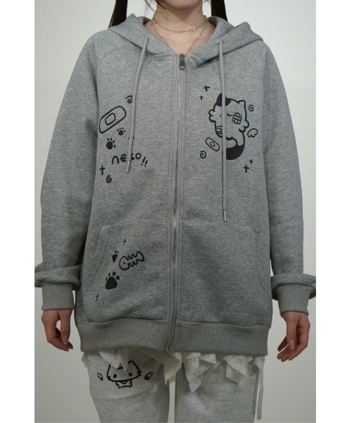 Never mind the XU / Chikashitsu+(ネバーマインド ザ エックスユー / チカシツプラス)の「【Nerd out XU】neko!! zip hoodie / 【ナードアウトエックスユー】キャットプリント猫耳ジップフーディ <着用動画あり>(パーカー・メンズ・グレー/ブラック・XL/M)」の19枚目の写真