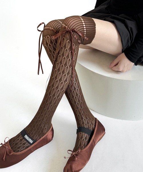 リボン レース 網タイツ調ニーハイソックス ストッキング cula1271