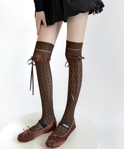 リボン レース 網タイツ調ニーハイソックス ストッキング cula1271 リボン レース 網タイツ調ニーハイソックス ストッキング cula1271