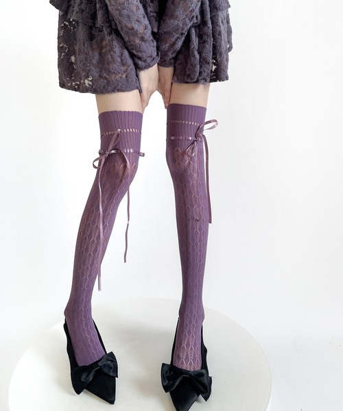 リボン レース 網タイツ調ニーハイソックス ストッキング cula1271