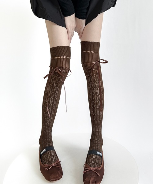 リボン レース 網タイツ調ニーハイソックス ストッキング cula1271