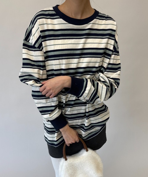 FUULLY STUDIO(フーリィーステューディオ)の「マルチボーダーロングスリーブトップス(Tシャツ/カットソー・レディース・ブラウン/ネイビー・FREE)」の2枚目の写真
