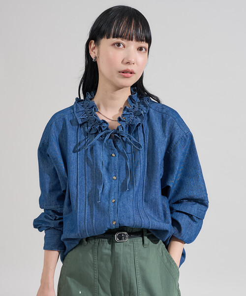 セール】ヴィンテージライク ダブルフリルブラウス/デニムフリル