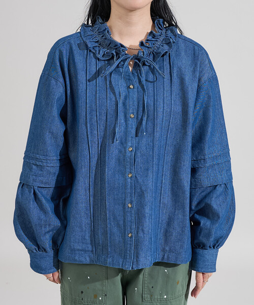 FREAK'S STORE(フリークスストア)の「ヴィンテージライク ダブルフリルブラウス/デニムフリルブラウス(シャツ/ブラウス・レディース・オフホワイト/ブラック/ネイビー・フリ-)」の10枚目の写真