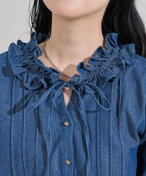 セール】ヴィンテージライク ダブルフリルブラウス/デニムフリル