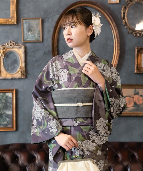 kimonomachi（キモノマチ）の「レディース 洗える着物 単品 袷着物 M/L サイズ　KIMONOMACHI オリジナル　銀木犀 白木蓮 アラベスク南天 牡丹 着物単品　小紋（着物・レディース・ラベンダー/グレイッシュベージュ/ブラック/ブラック系/キナリ/ダークブラウン/チャコールグレー/モーブ系・L/M）」の8枚目の写真