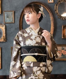 小紋　着物　茶色系／535 銀座【D-3975】小紋 柴染色 鞠に雪輪重ねの丸 :身丈153.5/裄64.5/細め