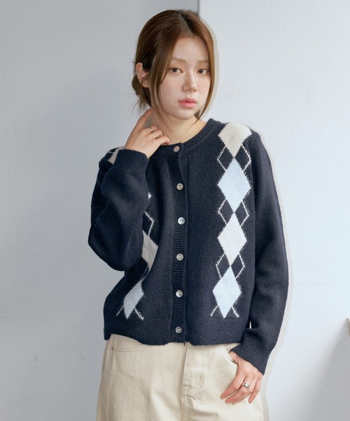 未使用★慈雨　センソユニコ　ウールチェック柄　ニット　カーディガン　定価3.9万 CHRISTMAS SALE】チェック柄Vネックニットカーディガン 49AV JUNKO