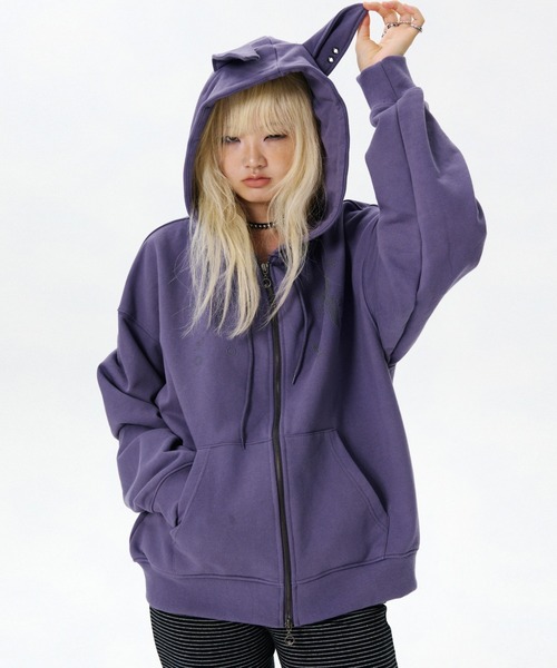 runningHIGH（ランニングハイ）の「【runningHIGH】EAR ZIP UP HOODE / 【ランニングハイ】イヤージップアップパーカー（パーカー・レディース・グレー/ブラック/パープル・ONE SIZE）」の3枚目の写真