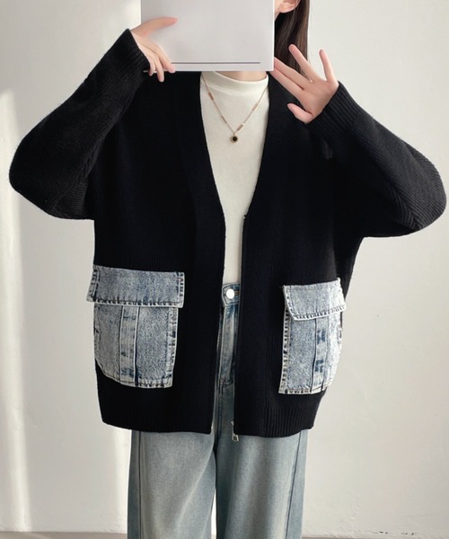セール】デニムポケットドッキングニットカーディガン（カーディガン