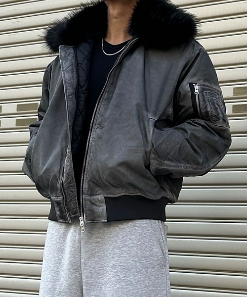 NYLAUS（ナイラス）の「【NYS】ヴィンテージ加工 脱着ファー 2WAYフライトジャケット ファーブルゾン（MA-1・メンズ・グレー/カーキ/ブラック・M/L）」の8枚目の写真