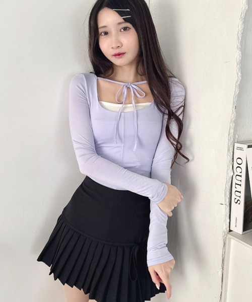 Loueme（ルエム）の「リボンクロップドトップス（Tシャツ/カットソー・レディース・ラベンダー/ブラック/ピンク/ホワイト・FREE）」の3枚目の写真