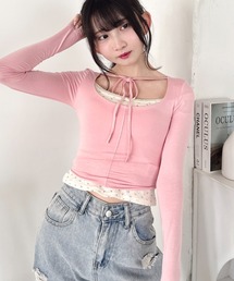 チュール」に該当するTシャツ/カットソー（ピンク/桃色系・Uネック
