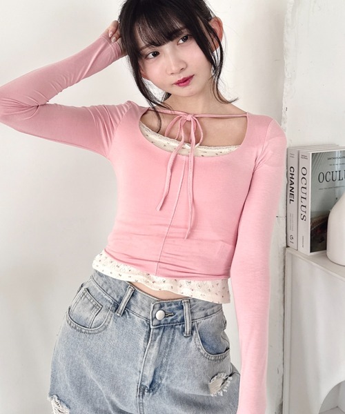 Loueme（ルエム）の「リボンクロップドトップス（Tシャツ/カットソー・レディース・ラベンダー/ブラック/ピンク/ホワイト・FREE）」の4枚目の写真