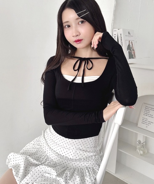 Loueme（ルエム）の「リボンクロップドトップス（Tシャツ/カットソー・レディース・ラベンダー/ブラック/ピンク/ホワイト・FREE）」の2枚目の写真