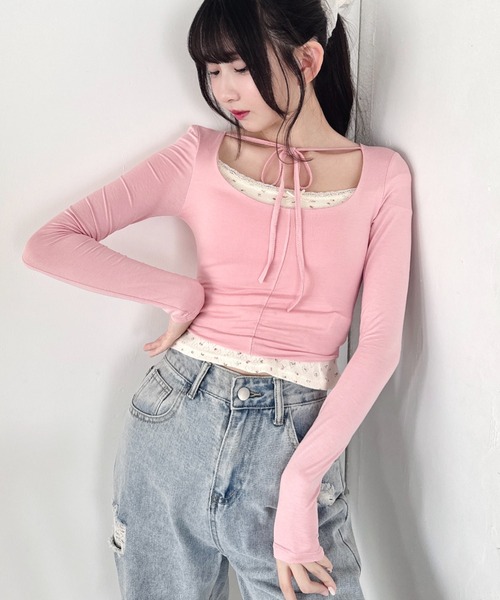 Loueme（ルエム）の「リボンクロップドトップス（Tシャツ/カットソー・レディース・ラベンダー/ブラック/ピンク/ホワイト・FREE）」の9枚目の写真