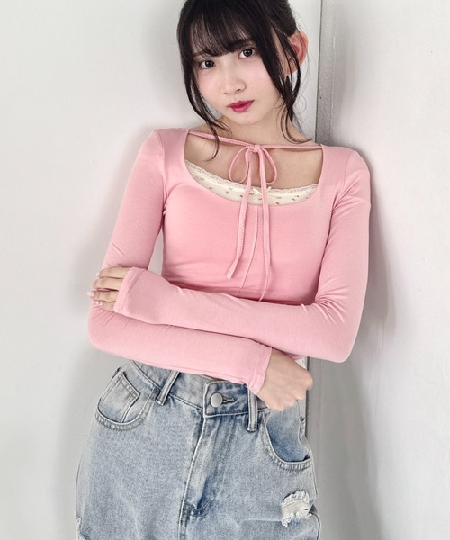 Loueme（ルエム）の「リボンクロップドトップス（Tシャツ/カットソー・レディース・ラベンダー/ブラック/ピンク/ホワイト・FREE）」の10枚目の写真