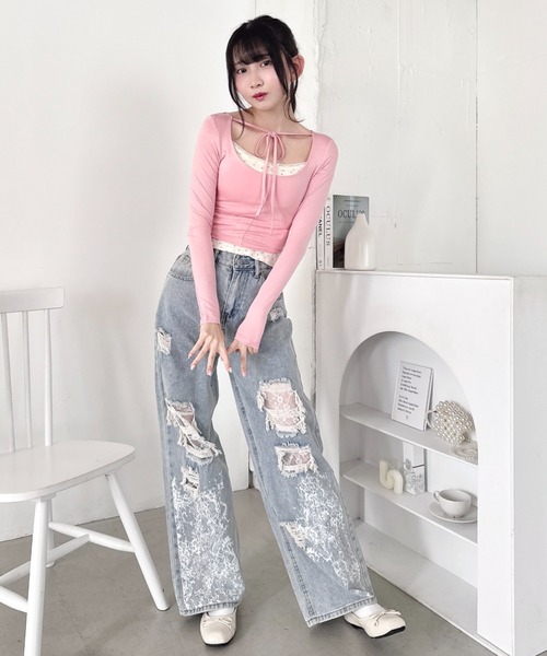 Loueme（ルエム）の「リボンクロップドトップス（Tシャツ/カットソー・レディース・ラベンダー/ブラック/ピンク/ホワイト・FREE）」の12枚目の写真