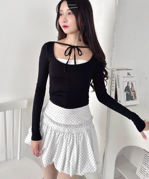 Loueme（ルエム）の「リボンクロップドトップス（Tシャツ/カットソー・レディース・ラベンダー/ブラック/ピンク/ホワイト・FREE）」の7枚目の写真