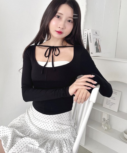 Loueme（ルエム）の「リボンクロップドトップス（Tシャツ/カットソー・レディース・ラベンダー/ブラック/ピンク/ホワイト・FREE）」の5枚目の写真