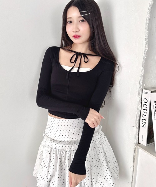 Loueme（ルエム）の「リボンクロップドトップス（Tシャツ/カットソー・レディース・ラベンダー/ブラック/ピンク/ホワイト・FREE）」の6枚目の写真
