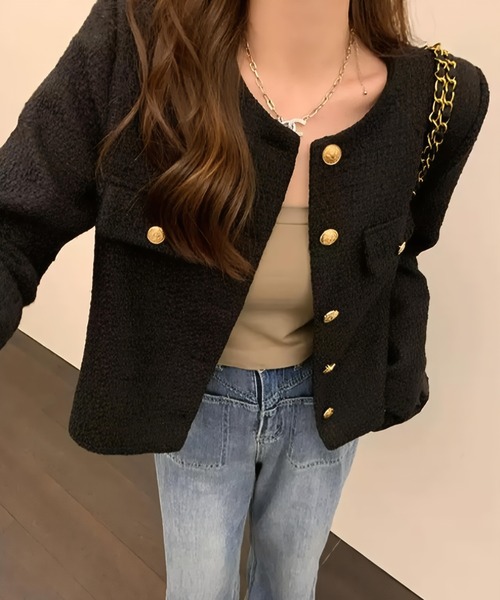 yuue' ( wear )(ユーイ)の「オフィス、プライベート、オケージョンにも◎ノーカラーツイードショートジャケット(その他アウター・レディース・ホワイト/ブラック・FREE)」の2枚目の写真
