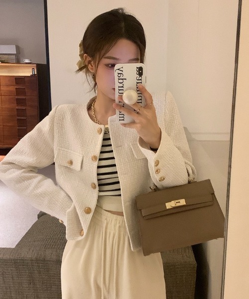 yuue' ( wear )(ユーイ)の「オフィス、プライベート、オケージョンにも◎ノーカラーツイードショートジャケット(その他アウター・レディース・ホワイト/ブラック・FREE)」の12枚目の写真