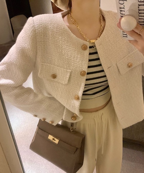 yuue' ( wear )(ユーイ)の「オフィス、プライベート、オケージョンにも◎ノーカラーツイードショートジャケット(その他アウター・レディース・ホワイト/ブラック・FREE)」の13枚目の写真