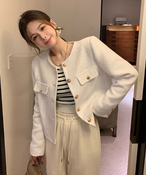 yuue' ( wear )(ユーイ)の「オフィス、プライベート、オケージョンにも◎ノーカラーツイードショートジャケット(その他アウター・レディース・ホワイト/ブラック・FREE)」の10枚目の写真