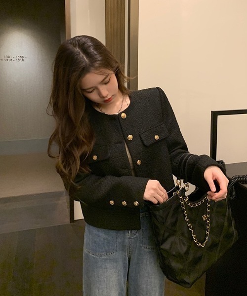 yuue' ( wear )(ユーイ)の「オフィス、プライベート、オケージョンにも◎ノーカラーツイードショートジャケット(その他アウター・レディース・ホワイト/ブラック・FREE)」の18枚目の写真