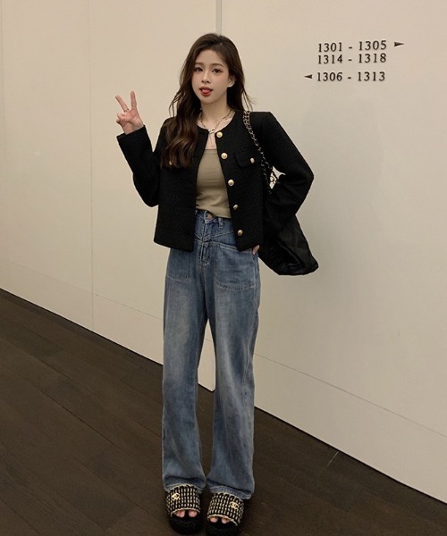 yuue' ( wear )(ユーイ)の「オフィス、プライベート、オケージョンにも◎ノーカラーツイードショートジャケット(その他アウター・レディース・ホワイト/ブラック・FREE)」の22枚目の写真