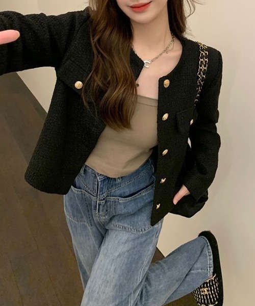 yuue' ( wear )(ユーイ)の「オフィス、プライベート、オケージョンにも◎ノーカラーツイードショートジャケット(その他アウター・レディース・ホワイト/ブラック・FREE)」の16枚目の写真
