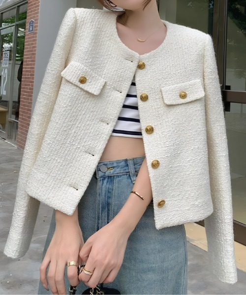yuue' ( wear )(ユーイ)の「オフィス、プライベート、オケージョンにも◎ノーカラーツイードショートジャケット(その他アウター・レディース・ホワイト/ブラック・FREE)」の6枚目の写真