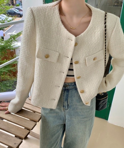yuue' ( wear )(ユーイ)の「オフィス、プライベート、オケージョンにも◎ノーカラーツイードショートジャケット(その他アウター・レディース・ホワイト/ブラック・FREE)」の8枚目の写真