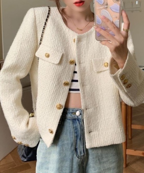 yuue' ( wear )(ユーイ)の「オフィス、プライベート、オケージョンにも◎ノーカラーツイードショートジャケット(その他アウター・レディース・ホワイト/ブラック・FREE)」の9枚目の写真