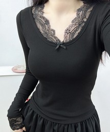パッド付 レースレイヤード切り替え Vネックリブカットソー culw873