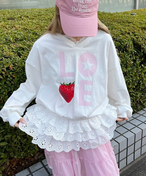 WC（ダブル シー）の「イチゴレースヘムビッグロンT（Tシャツ/カットソー・レディース・ホワイト/サックスブルー・FREE）」の2枚目の写真